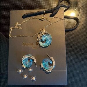 Gold-Tone Necklace and Earring Set with Blue Wave Enamel -
